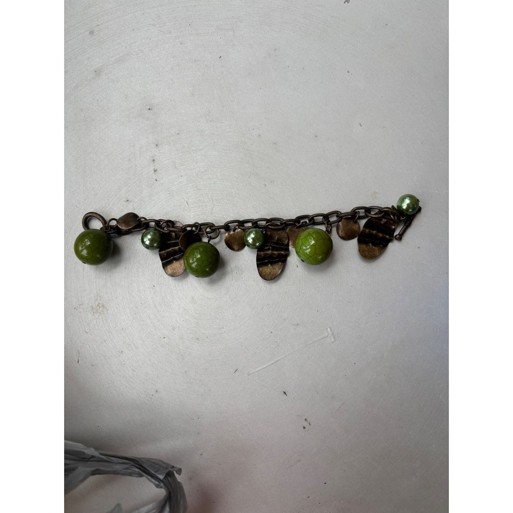 J Jill Bronze Tone Green Crackle Bead and Faux Pearl Leaf Charm Toggle‎ Bracelet
